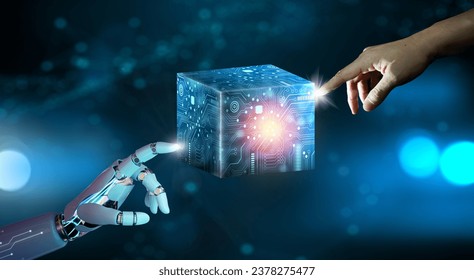 Ai Robot hand and Businessman hand pointing Cube technology. Blockchain Network System. Big data storage processing, Cloud data, Internet Security, Digital Technology, and Artificial Intelligence.