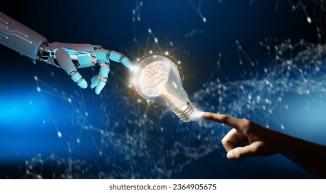 Ai Robot hand and Human hand pointing a brain inside a light bulb. Artificial Intelligence Business. Circuit converging point background. Business bright idea, Great idea for success Concept. - Powered by Shutterstock