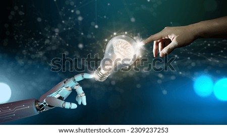 AI Robot hand and Human hand pointing Light bulbs with Brain inside and Low poly wireframe outside. Creative and innovation inspiration. Business Bright idea, Artificial Intelligence solution concept.