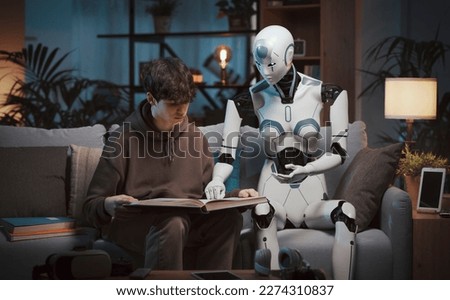 AI robot tutor helping a student with homework, they are sitting on the couch at home and reading a book, human-robot interaction concept