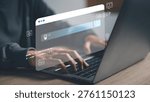 AI search engine optimization concept with digital browser interface showing keyword analysis, content strategy and website ranking improvement. SEO marketing and online performance optimization.