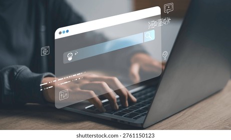 AI search engine optimization concept with digital browser interface showing keyword analysis, content strategy and website ranking improvement. SEO marketing and online performance optimization.