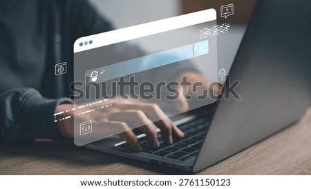 AI search engine optimization concept with digital browser interface showing keyword analysis, content strategy and website ranking improvement. SEO marketing and online performance optimization.