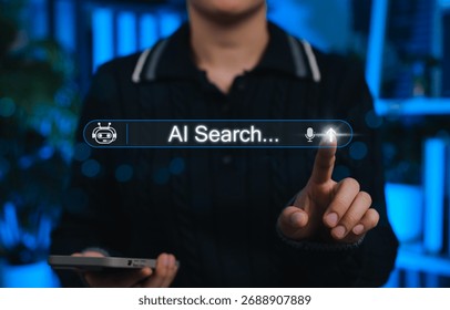 AI search engine technology concept. Woman interacts with search bar AI Search representing artificial intelligence, chatbot, data cloud, global connectivity and future search engine innovation.