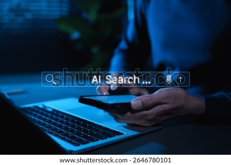 AI search engine technology concept. Man use smartphone with AI search bar interface representing artificial intelligence search technology, voice input, and innovation in modern information retrieval