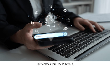 AI search engine visualized with brain, knowledge and smart technology in digital knowledge discovery concept. Corpus