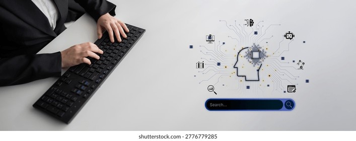 AI search engine visualized with brain, knowledge and smart technology in digital knowledge discovery concept. Corpus