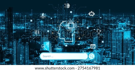 AI search engine visualized with brain, knowledge and smart technology in digital knowledge discovery concept. Corpus