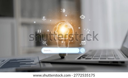 AI search engine visualized with brain, knowledge and smart technology in digital knowledge discovery concept. Corpus