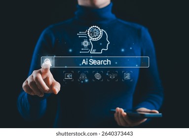 AI Search Interface and Smart Technology Concept. A person interacts with AI search bar and digital icon, machine learning, data networks, and global connectivity, symbolizing smart search technology.