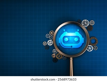 AI searching management tools, development technology assistance service support concept. AI chat bot icon in magnifying glass lens with many gears cogwheels on blue network background with space.