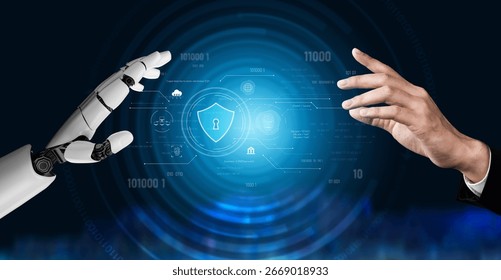 AI securing digital infrastructure, analyzing biometric authentication, monitoring threats, and managing identity protection through intelligent cybersecurity protocols. Vouch