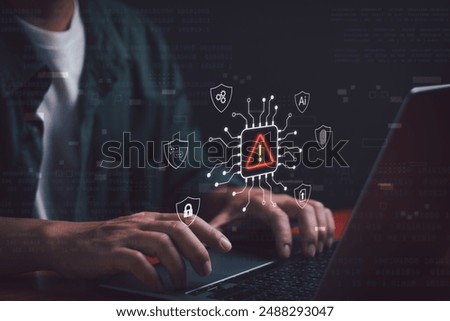Ai security, error notification sign, concept of warning or alert, businessman shows warning about using artificial intelligence technology to access malicious software or online threat.