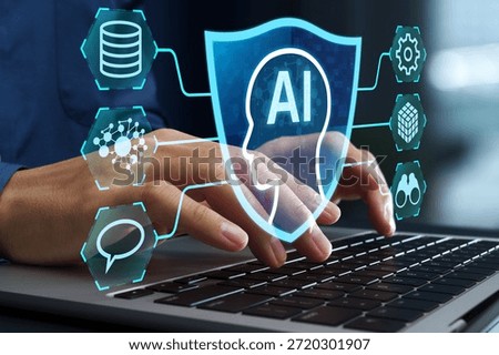 AI security and governance. Data and model protection from adversarial attacks. Businessman using robust AI systems on laptop computer.