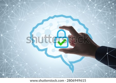AI security platform protecting training data and inference systems from cyber threats. Secure AI infrastructure and model integrity. Businessman placing padlock icon with checkmark on artificial intelligence icon.