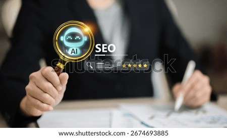 AI SEO optimization concept with magnifying glass, search engine ranking, and digital marketing strategy for online business growth.