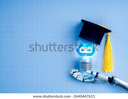 AI smart learning, artificial intelligence assistant technology concept. Chatbot icon glowing inside light bulb, wearing graduation hat, holding by robot humanoid hand on blue network background.