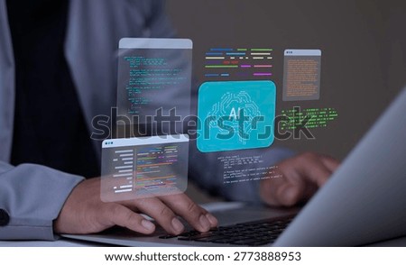 AI software developer coding on laptop with virtual screen. Programmer using generative artificial intelligence for automated workflow and digital innovation.