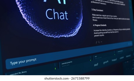 AI Software Generates Interactive Content on Screen, Showcasing Advanced Chat Capabilities and User Prompts. High Tech Interface Enhances User Experience in a Futuristic Digital Environment