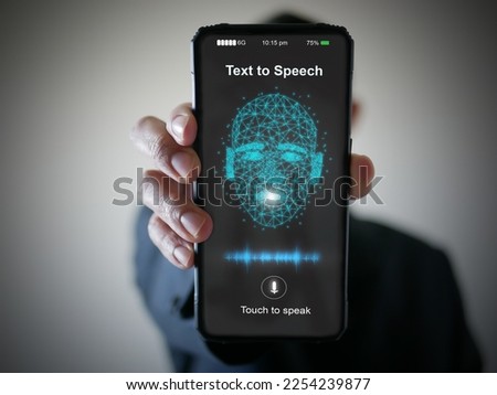 AI speaks and imitates the human voice, text-to-speech or TTS, speech synthesis applications, generative Artificial Intelligence, and futuristic technology in language and communication.