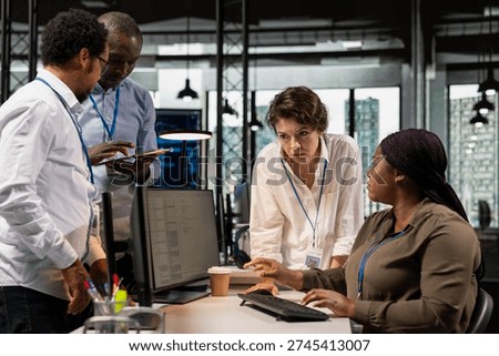 AI startup engineering team developing software in office, analyzing system performance metrics during QA testing. Coworkers discussing about tech roadmap during project briefing session