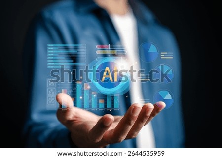 AI system analyzing data through cloud dashboards and charts. Showcasing predictive analytics, statistics, and smart processing technology for digital business optimization.