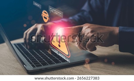 AI system detecting abnormal behavior on laptop, showing warning alert symbol on screen, concept of cybersecurity, system anomaly, and threat detection technology.