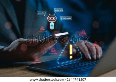 AI system error detection concept with chatbot alert symbols, highlighting machine learning technology for identifying issues, bugs and failures in digital or software systems.