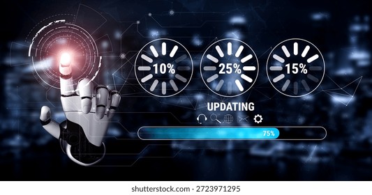 An AI system update and machine learning model training. A progress bar and loading icons showing the AI update percentage and status. Motif