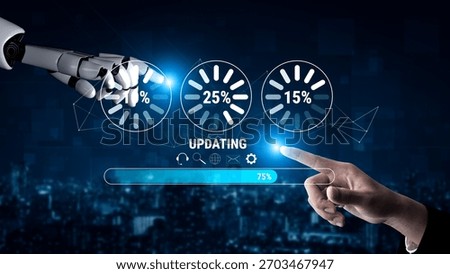An AI system update and machine learning model training. A progress bar and loading icons showing the AI update percentage and status. Motif