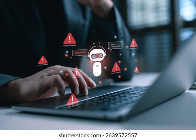 AI system warning and cybersecurity concept with virtual assistant detecting threat alerts. Ideal for hacking prevention, data protection, system monitoring and digital security support.