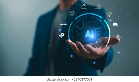 Ai tech, businessman show virtual graphic Global Internet connect robot Chat with AI, Artificial Intelligence. Using command prompt for generates something, Futuristic technology transformation. - Shutterstock ID 2340377539