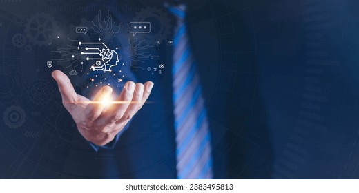 Ai tech, businessman show virtual graphic Global Internet connect Chat with AI, Artificial Intelligence. using command prompt for generates something, Futuristic technology transformation. - Shutterstock ID 2383495813