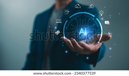 Ai tech, businessman show virtual graphic Global Internet connect robot Chat with AI, Artificial Intelligence. Using command prompt for generates something, Futuristic technology transformation.