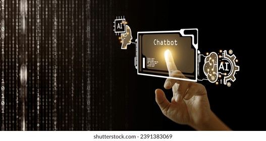 AI tech. Chat Bot, chat with Ai. Virtual graphic of a generative conversational chatbot. A man communicates with language model for education business technology transformation - Powered by Shutterstock - Get 15% off with code: PIKWIZARD15