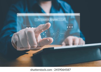 Ai tech, Chatbot with AI, Artificial Intelligence, search engine, businessman using laptop connection to AI, use command prompt for generates idea something or solve problems, digital transformation.