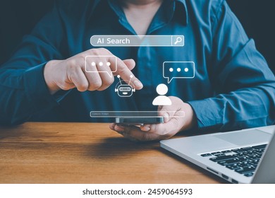 Ai tech, Chatbot with AI, Artificial Intelligence, search engine, businessman using laptop connection to AI, use command prompt for generates idea something or solve problems, digital transformation.