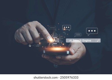 Ai tech, Chatbot with AI, Artificial Intelligence, search engine, businessman using laptop connection to AI, use command prompt for generates idea something or solve problems, digital transformation.