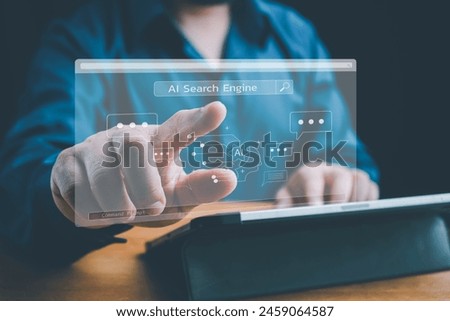Ai tech, Chatbot with AI, Artificial Intelligence, search engine, businessman using laptop connection to AI, use command prompt for generates idea something or solve problems, digital transformation.