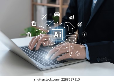 AI tech concept, artificial intelligence technology, smart robot, new innovation, future of industrial automation, manufacturing, banking, transportation, smart home, cyber security, entertainment.