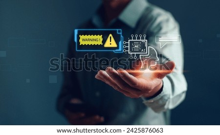 AI tech concept, internet cyber security warning or technology scam alert, businessman shows warning about using artificial intelligence Ai technology to access malicious software or online threat.