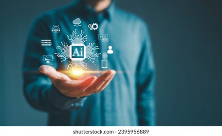 Ai tech expert, businessman show virtual graphic Global Internet connect robot Chat AI, Artificial Intelligence. Computer command prompt bot analytics business, Futuristic technology transformation