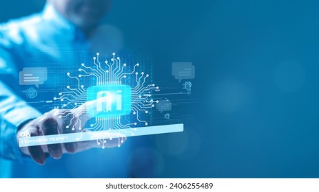 AI technology age, businesses leverage artificial intelligence to optimize information flow within a virtual network, seamlessly integrating technology on screens into strategic decision-making