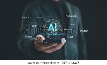 Ai technology application, Automatic translation system concept. Person use laptop computer with virtual robot Ai for artificial intelligence technology helps translate languages. Translator.