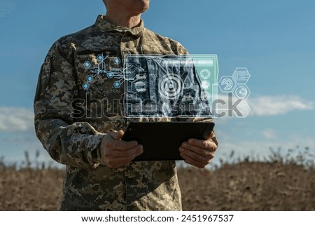 AI technology in the army. Warfare analytic operator checking coordination of the military team. Military commander with a digital tablet device with artificial intelligence operating troops outdoors.