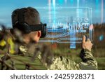 AI technology in the army. Warfare operator using virtual reality glasses, vr controller. Pilot of aerial reconnaissance, surveillance and targeted attacks for military team and troops outdoors
