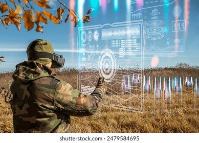 AI technology in the army. Warfare operator using virtual reality glasses, vr controller. Pilot of aerial reconnaissance, surveillance and targeted attacks for military team and troops outdoors - Powered by Shutterstock