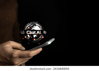 AI technology, Artificial Intelligence, Chat and talk with AI, Using smartphone for search and find data by command prompt, robot learning machine create or generate picture or article auto