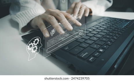 AI technology, Artificial Intelligence, Chatbot Chat and talk with AI, Using laptop for search and find data by command prompt, robot learning machine create or generate picture or article auto