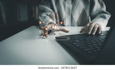 AI technology, Artificial Intelligence, Chatbot Chat and talk with AI, Using laptop for search and find data by command prompt, robot learning machine create or generate picture or article auto - Powered by Shutterstock - Get 15% off with code: PIKWIZARD15